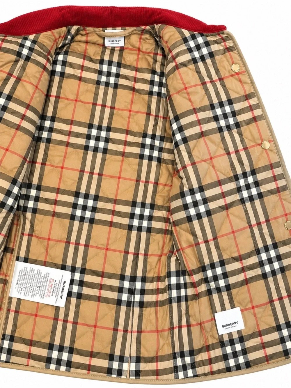 Burberry Tan Quilted Puffer Jacket with Red Corduroy Collar